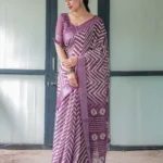 Rich Purple With White Chevron Floral Design Linen Saree