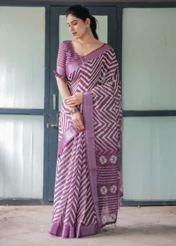 Rich Purple With White Chevron Floral Design Linen Saree