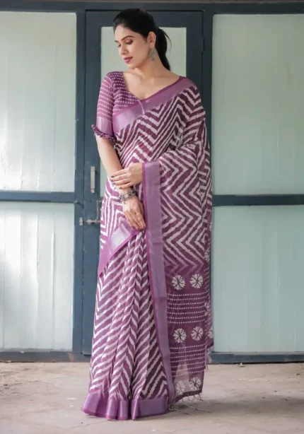 Rich Purple With White Chevron Floral Design Linen Saree