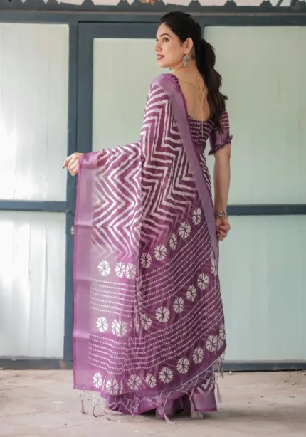 Rich Purple With White Chevron Floral Design Linen Saree