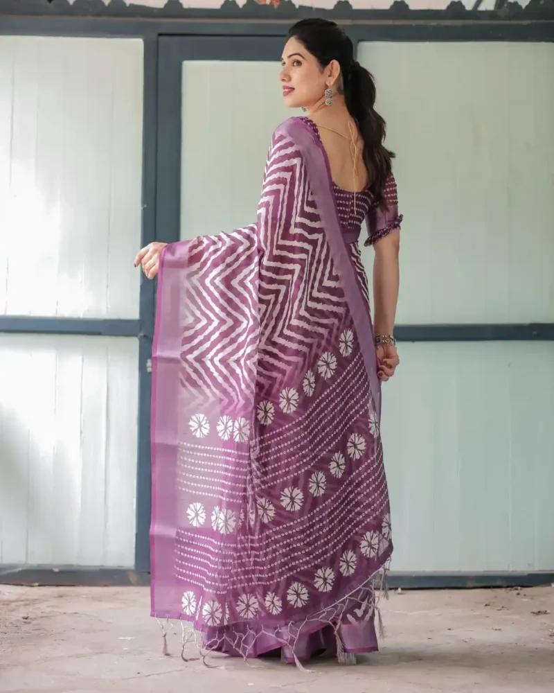 Rich Purple With White Chevron Floral Design Linen Saree