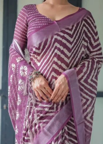 Rich Purple With White Chevron Floral Design Linen Saree