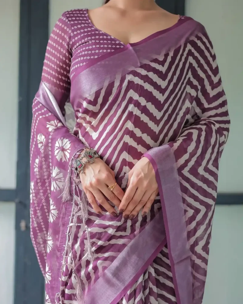 Rich Purple With White Chevron Floral Design Linen Saree
