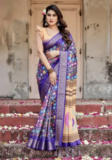 Royal Blue Digital Print Silk Saree