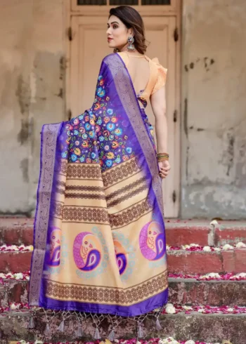 Royal Blue Digital Print Silk Saree