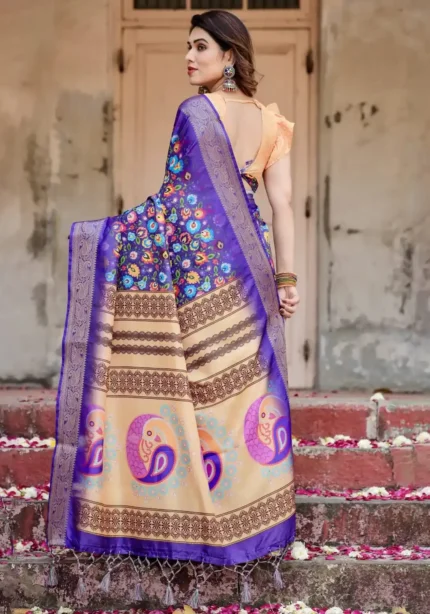 Royal Blue Digital Print Silk Saree