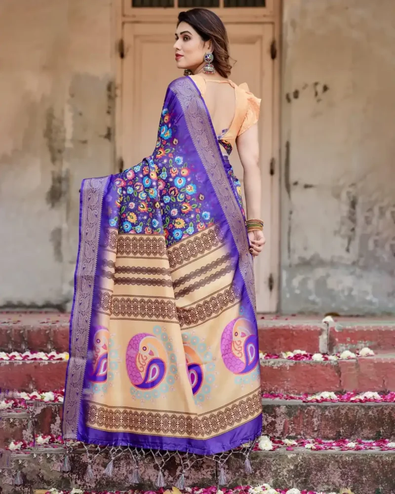 Royal Blue Digital Print Silk Saree