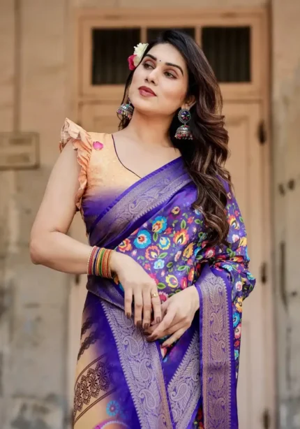 Royal Blue Digital Print Silk Saree