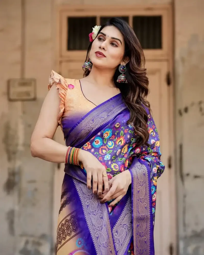 Royal Blue Digital Print Silk Saree