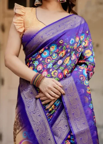 Royal Blue Digital Print Silk Saree