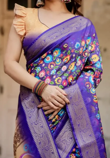 Royal Blue Digital Print Silk Saree