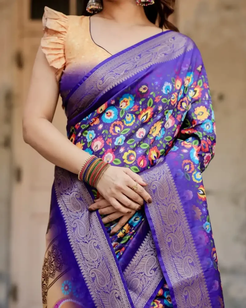 Royal Blue Digital Print Silk Saree