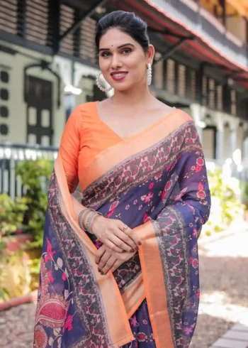 Royal Blue Orange Digital Print Linen Saree