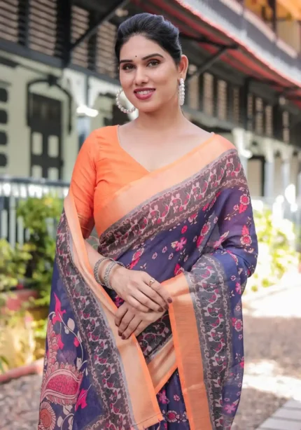 Royal Blue Orange Digital Print Linen Saree