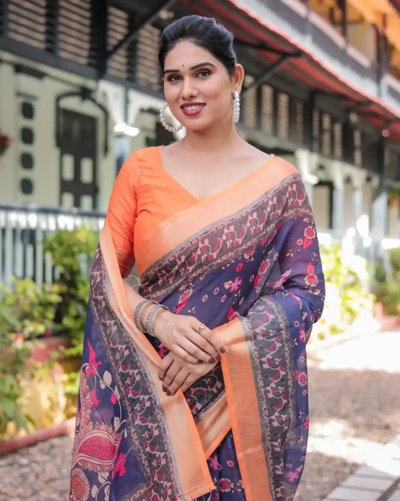 Royal Blue Orange Digital Print Linen Saree