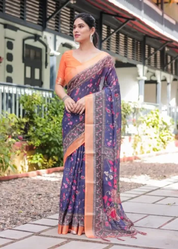 Royal Blue Orange Digital Print Linen Saree