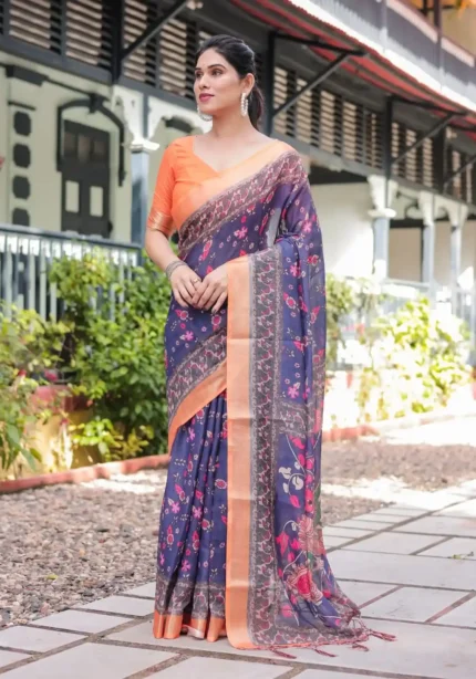 Royal Blue Orange Digital Print Linen Saree