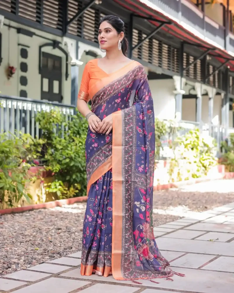 Royal Blue Orange Digital Print Linen Saree