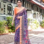Royal Blue Orange Digital Print Linen Saree