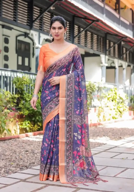 Royal Blue Orange Digital Print Linen Saree