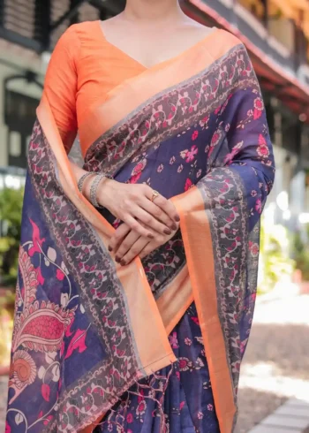 Royal Blue Orange Digital Print Linen Saree