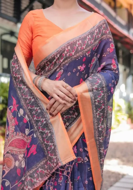 Royal Blue Orange Digital Print Linen Saree