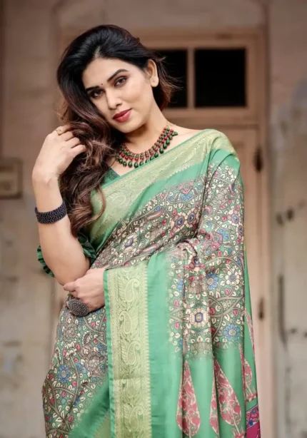 Royal Green Digital Printed Tussar Silk Saree