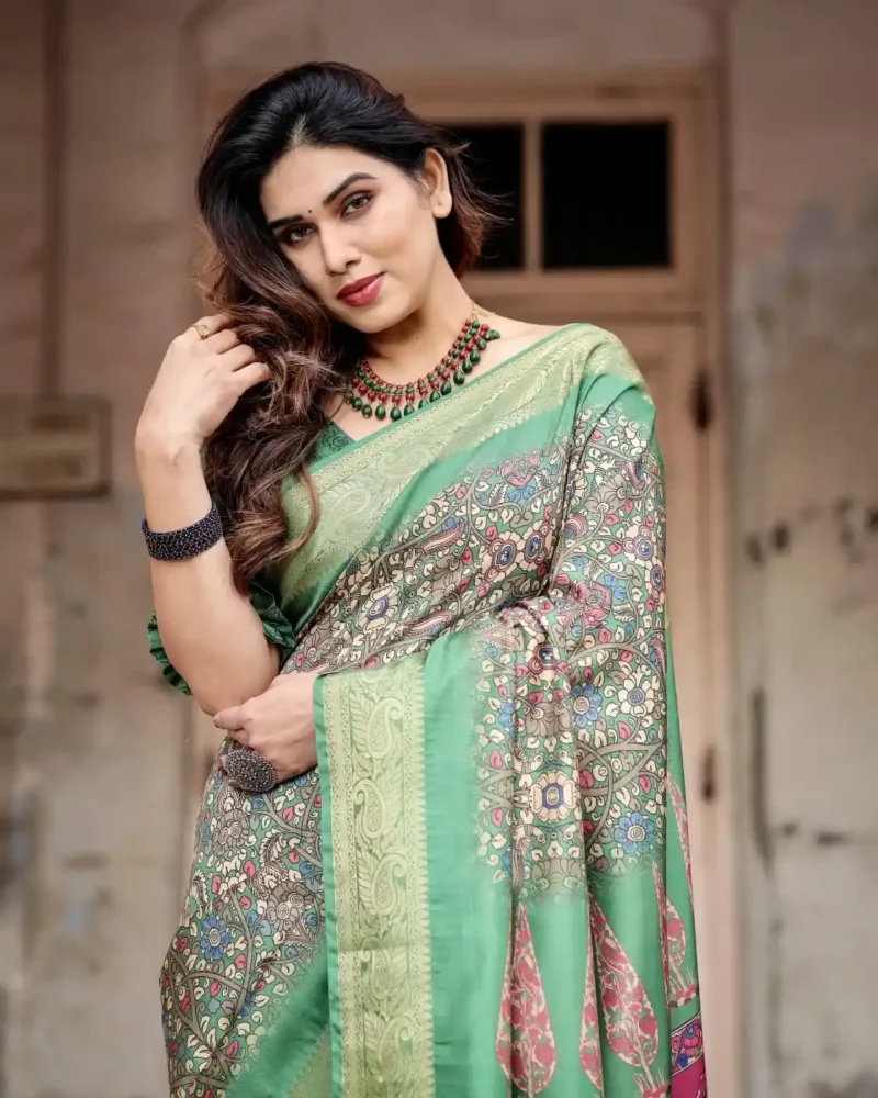 Royal Green Digital Printed Tussar Silk Saree
