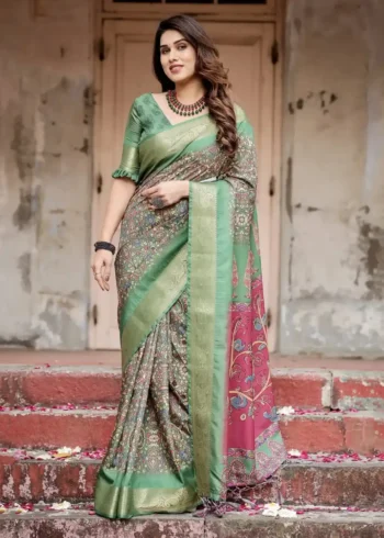 Royal Green Digital Printed Tussar Silk Saree