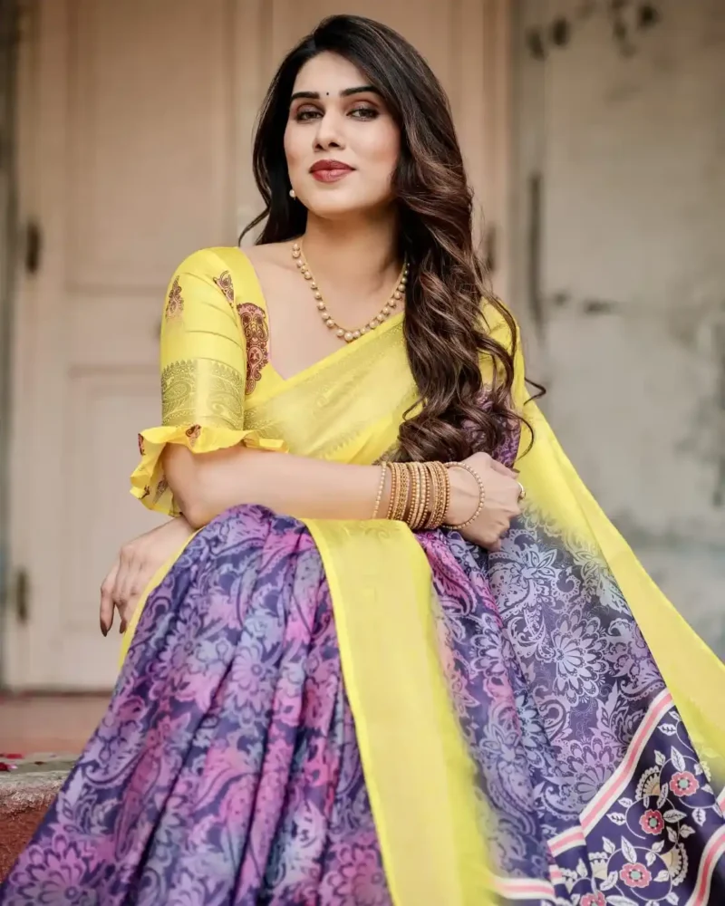 Royal Purple Paisley Floral Digital Printed Tussar Silk Saree