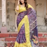 Royal Purple Paisley Floral Digital Printed Tussar Silk Saree