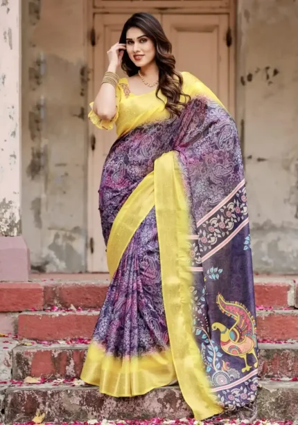 Royal Purple Paisley Floral Digital Printed Tussar Silk Saree