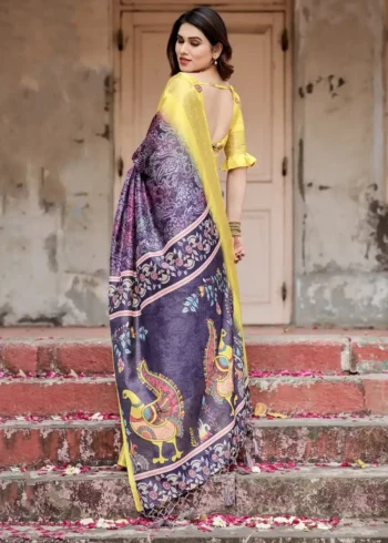 Royal Purple Paisley Floral Digital Printed Tussar Silk Saree