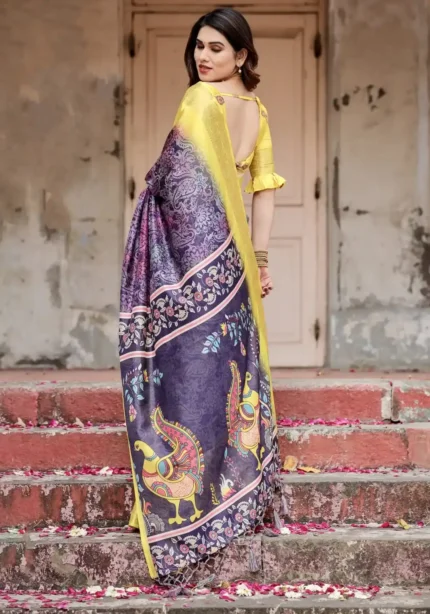 Royal Purple Paisley Floral Digital Printed Tussar Silk Saree