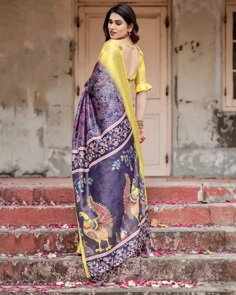 Royal Purple Paisley Floral Digital Printed Tussar Silk Saree