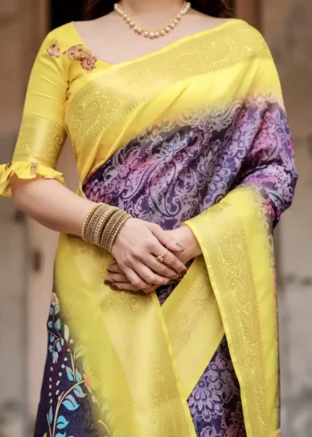 Royal Purple Paisley Floral Digital Printed Tussar Silk Saree