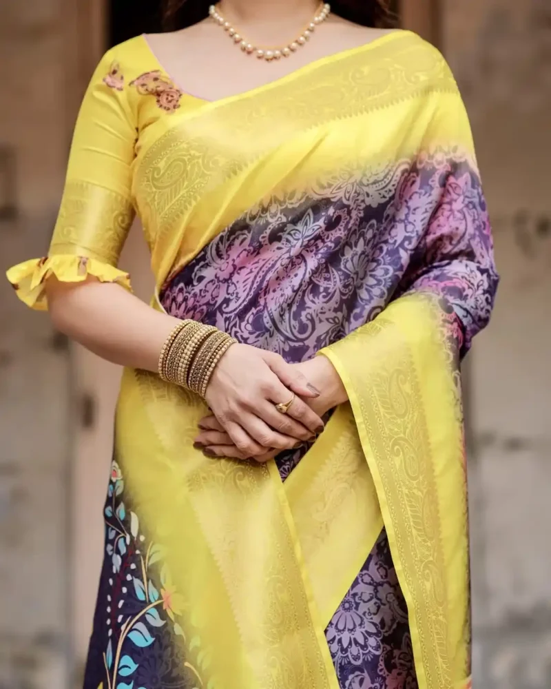 Royal Purple Paisley Floral Digital Printed Tussar Silk Saree