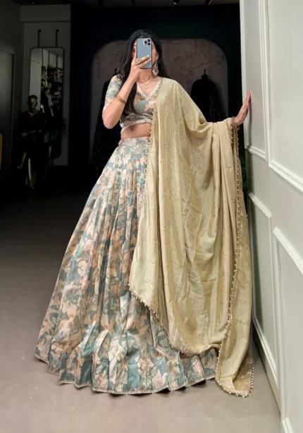 Sea Green Tussar Silk Printed Half Saree Bridesmaid Lehenga