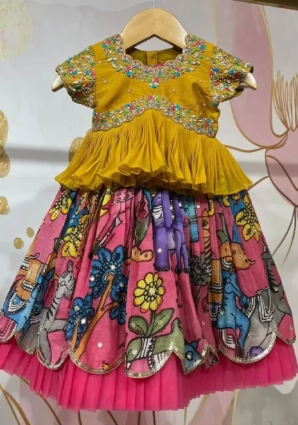 Sequins Embroidery Work Kalamkari Printed Lehenga for Kids