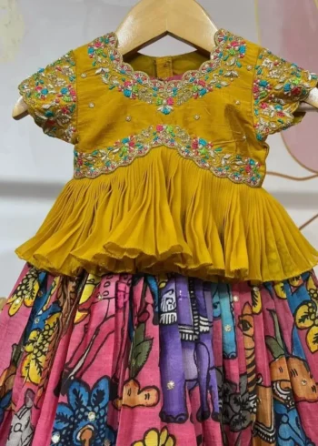 Sequins Embroidery Work Kalamkari Printed Lehenga for Kids