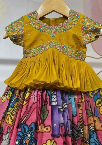 Sequins Embroidery Work Kalamkari Printed Lehenga for Kids