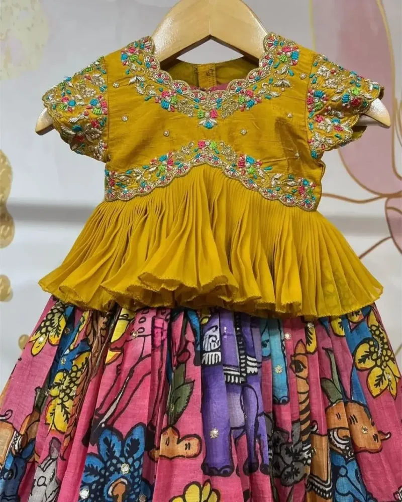 Sequins Embroidery Work Kalamkari Printed Lehenga for Kids