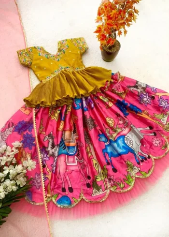 Sequins Embroidery Work Kalamkari Printed Lehenga for Kids