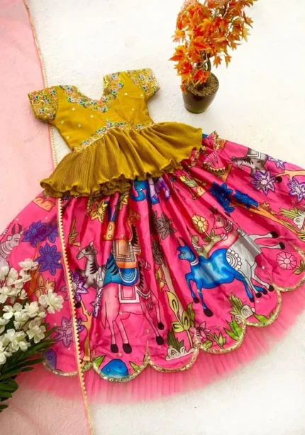 Sequins Embroidery Work Kalamkari Printed Lehenga for Kids