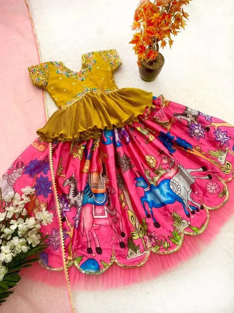 Sequins Embroidery Work Kalamkari Printed Lehenga for Kids