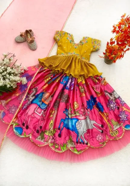 Sequins Embroidery Work Kalamkari Printed Lehenga for Kids