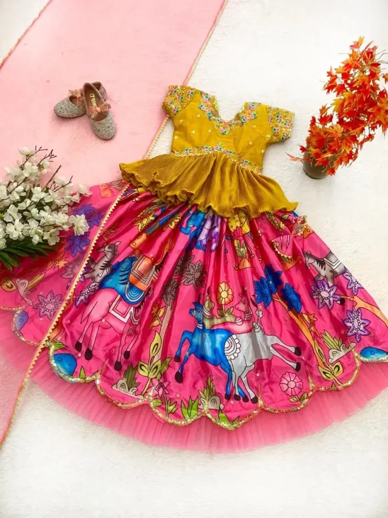 Sequins Embroidery Work Kalamkari Printed Lehenga for Kids
