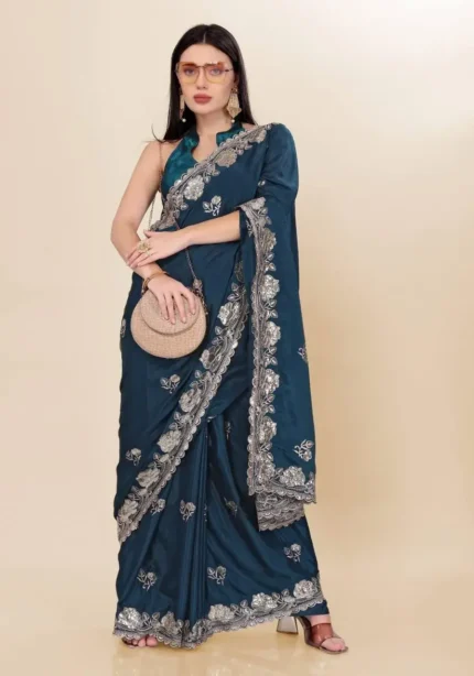 Sequins Embroidery Work Party Wear Chinon Silk Saree