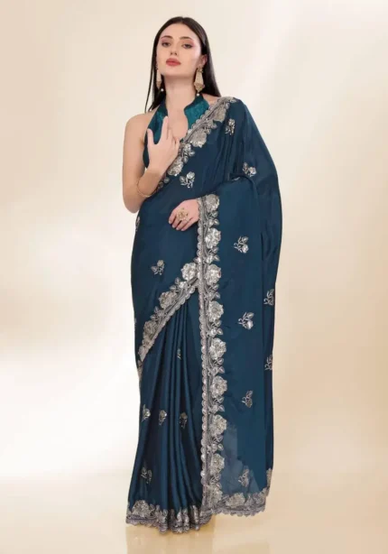 Sequins Embroidery Work Party Wear Chinon Silk Saree