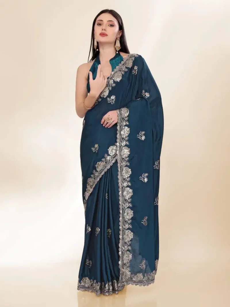 Sequins Embroidery Work Party Wear Chinon Silk Saree